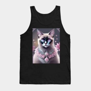 Siamese Cat with Gemstones and Pink Flowers Tank Top